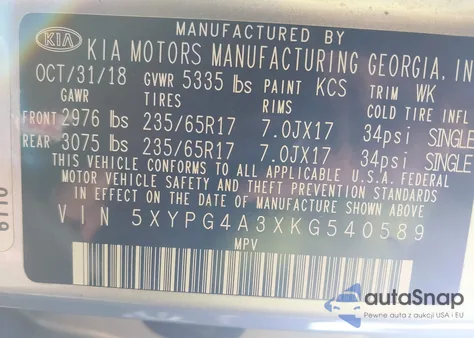 2019 Kia Sorento 2.4L L z USA, uszkodzony, nr VIN 5XYPG4A3XKG540589